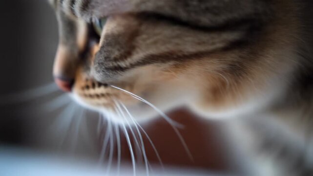 A detailed close-up side profile of a domestic tabby cat's face, highlighting its intricate fur patterns and long sensitive whiskers.