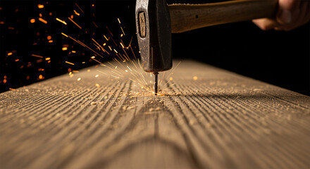 Power drill creating dramatic spark burst while drilling into textured wood grain surface