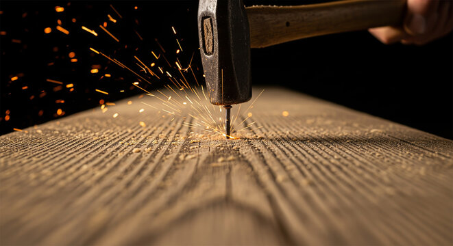 Power drill creating dramatic spark burst while drilling into textured wood grain surface - Powered by Adobe