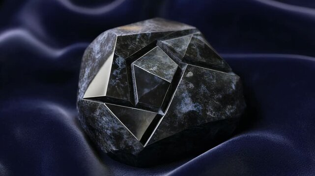 Close-up of a large, dark, faceted gemstone or black diamond resting on a luxurious blue velvet fabric.