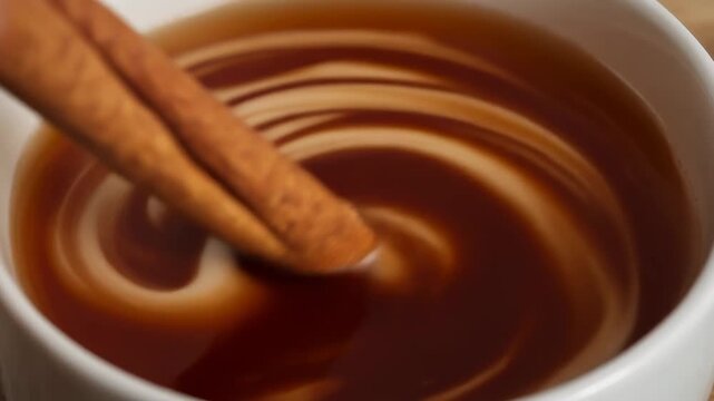 A cinnamon stick stirring a warm, dark brown beverage in a white mug, creating elegant swirls.