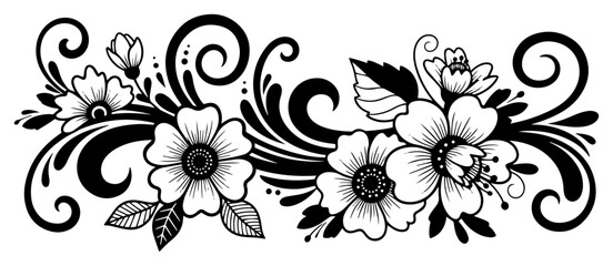 Decorative floral horizontal border with flowers and swirls vector illustration