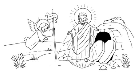 Jesus Christ Resurrection scene with angel and empty tomb vector sketch