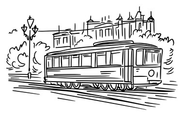 Vintage tram car on city street urban landscape vector sketch