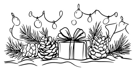 Christmas holiday border with gift box pine cones and string lights vector sketch