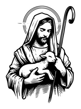 Jesus Christ Good Shepherd holding lamb with staff woodcut vector sketch illustration