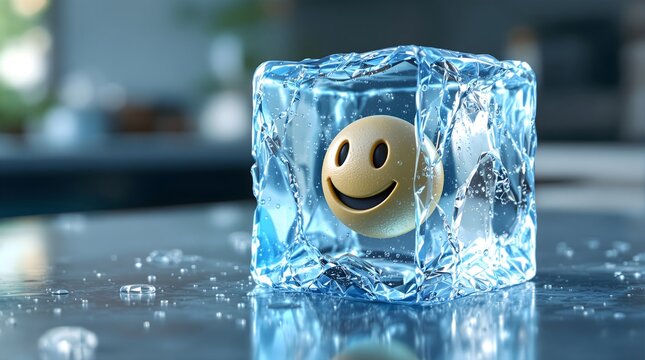 Smiling face emoji frozen inside a clear block of ice with water droplets and reflections