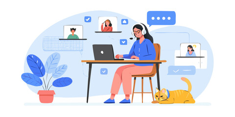 Woman working remotely from home with video conference and cat