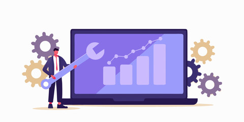 Business growth strategy and technical support for success with man and laptop