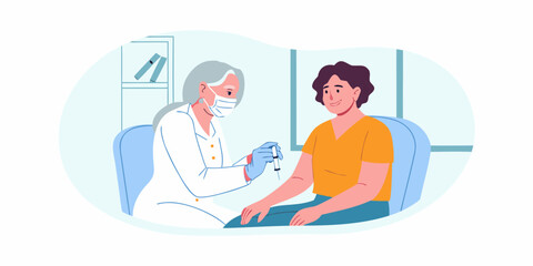 Doctor administering vaccine to patient in clinic vaccination and immunization concept