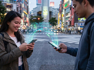 Mobile instant money transfer with futuristic hologram effect
