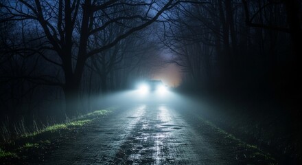 Car driving at night on a foggy, wet, spooky road through a dense forest illuminated by bright headlights.