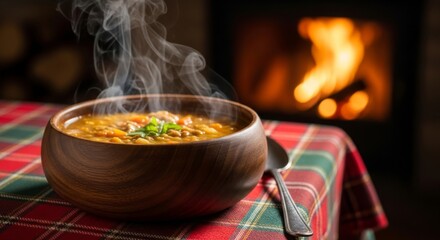 Bowl of steaming hot soup served in a rustic wooden bowl on a plaid tablecloth, featuring a warm fireplace background.