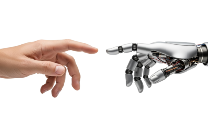 Human hand reaching toward robotic hand for artificial intelligence and human machine connection concept, isolated on transparent background, PNG