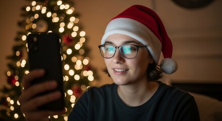 Young person wearing a santa hat makes a video call on a smartphone in front of a blurred christmas tree.