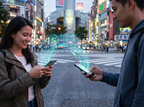 Mobile instant money transfer with futuristic hologram effect - Powered by Adobe