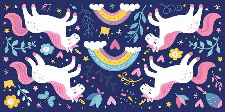 Whimsical unicorns and rainbows pattern on dark blue background
