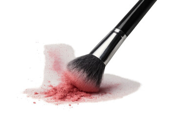 Makeup brush picking up pink blush powder for cosmetic application on transparent background