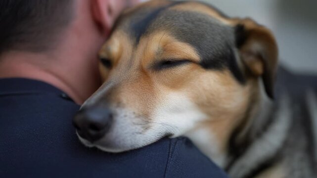 A close-up shot of a contented dog with closed eyes resting its head on a person's shoulder, showing a moment of comfort and affection.