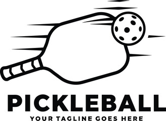 Black and white pickleball paddle hitting ball with motion lines sport game