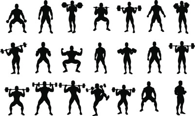Black male silhouettes performing various weightlifting exercises with barbells and dumbbells fitness
