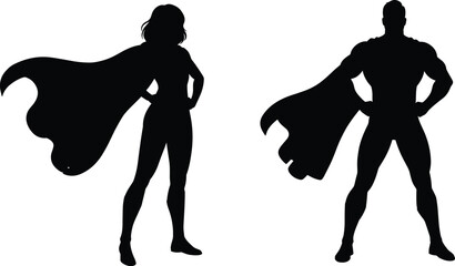 Black silhouette of a muscular man and a woman in capes superhero © Shamim creative 