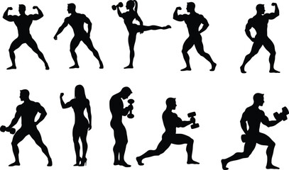 Black silhouettes of men and women exercising with dumbbells and posing fitness exercise