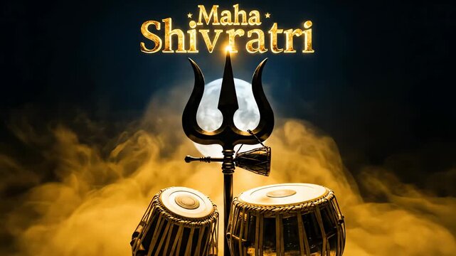Maha Shivratri celebration background with Trishul, moon, and tabla drums