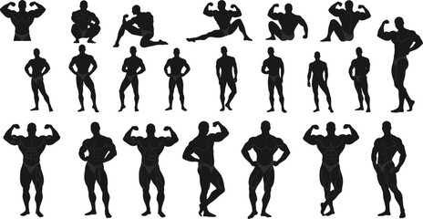 Silhouette bodybuilders flexing muscles in various poses on white background fitness