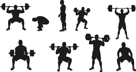 Silhouettes of men performing weightlifting exercises with barbells fitness 1