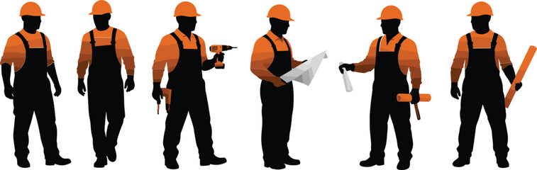 Six construction workers in orange hard hats and black overalls holding tools builder silhouette