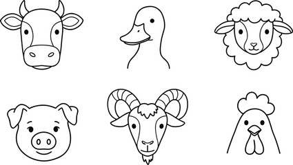 Obraz premium Six Farm Animal Faces Cow Duck Sheep Pig Goat Chicken Outline Icons vector