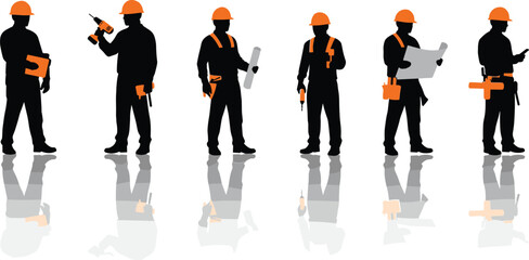 Six Silhouetted Construction Workers in Orange Hard Hats with Tools and Blueprints male