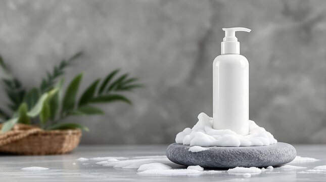 Minimalist spa still life with a blank cosmetic bottle, rich lather, and botanical elements for a wellness display