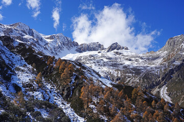 Autumn in Dagu Glacier National Park,Sichuan China, the "youngest," lowest-altitude, and closest glacier to a major city in the world with stunning views of snow-capped mountains and turquoise lake