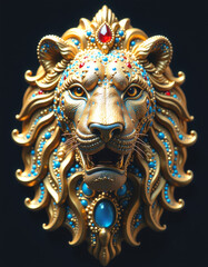 Fototapeta premium Jeweled animal sculptures, a majestic lion head, adorned with colorful gemstones, intricate metalwork, dark background, highlighting luxury and detail.