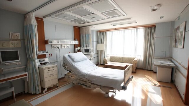 Bright hospital room presents a patient bed, monitors, cabinets, window curtains, floor and ceiling