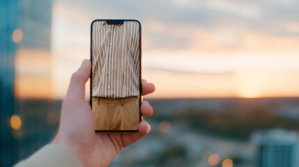 Surreal conceptual scene showing a smartphone creating an illusion of an invisible human body at sunset