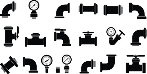 Black silhouette plumbing pipe fittings valves and pressure gauges vector