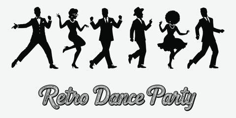 Black silhouettes of dancing couples and individuals in retro attire party vintage