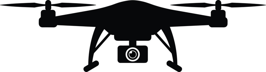 Black silhouette of a quadcopter drone with camera on white background aerial vehicle technology