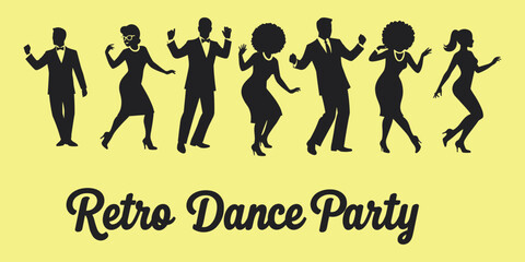 Black silhouettes of dancing people and retro dance party text on yellow vector