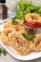 Deep fried squid rings with parsley and ketchup on grey textured table, closeup