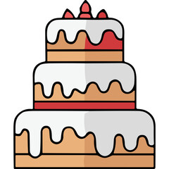 Three Tier Birthday Cake with White Frosting and Red Accents Featuring Candles and Fruit Topping on a Black Background Ideal for Celebrations and Sweet Occasions