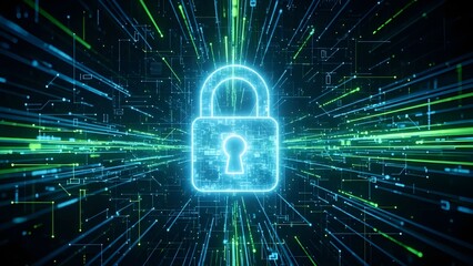 A glowing, digital padlock icon centered within a complex, abstract background of bright blue and green light trails, symbolizing data security, cybersecurity, and digital protection in a high-tech en