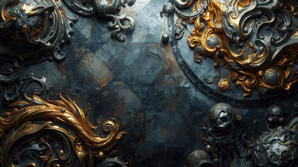 Dark Ornate Metal Tapestry With Skeletal Motifs And Baroque Details