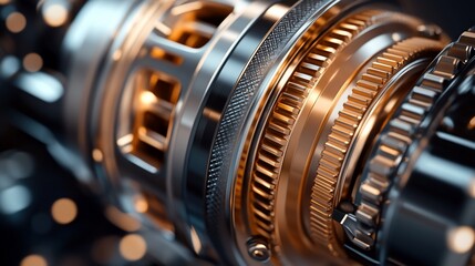 Precision Gear System Close-up, Rotating, Industrial, Bokeh Background, Engineering