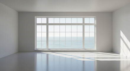 Obraz premium Minimalist Room with Ocean View Through Large White Window