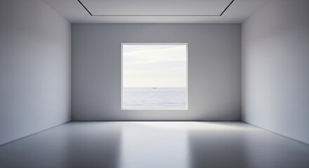 Obraz premium Minimalist Room with Ocean View Through White Window Frame