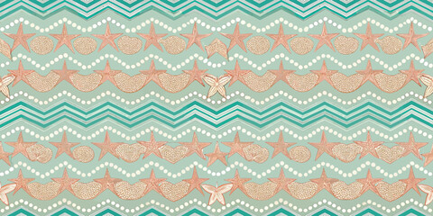 A colorful beach-themed design featuring starfish and wavy patterns in shades of teal and coral.